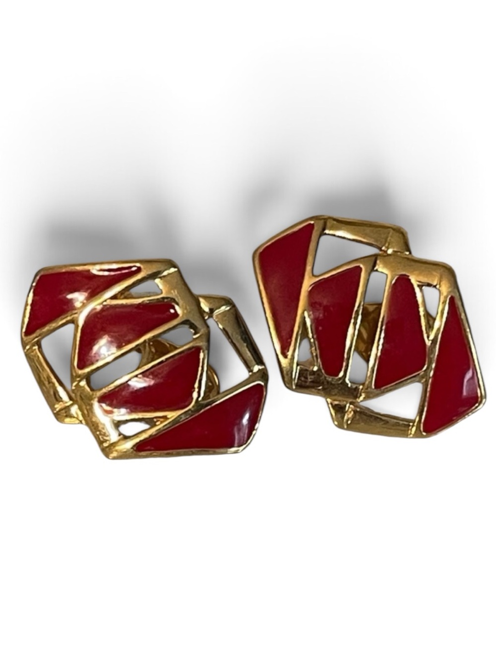 1980’s Monet Geometric Gold-Tone & Red Enamel Clip-On Earrings